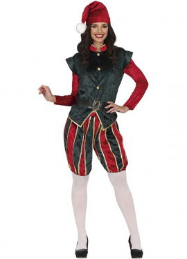 Green and red Page Elf costume with hat for women