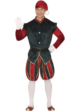 Green and red Page Elf costume with hat for men