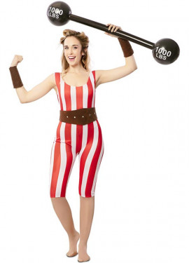 Déguisement Strongwoman rouge et blanc avec ceinture pour femme