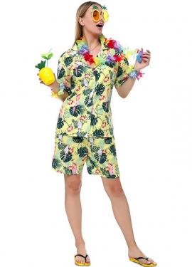 Women's Green Printed Floral Hawaiian Costume