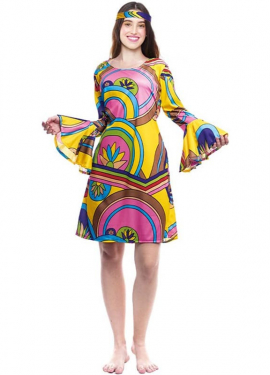 Yellow Hippie Costume Printed Dress for Women