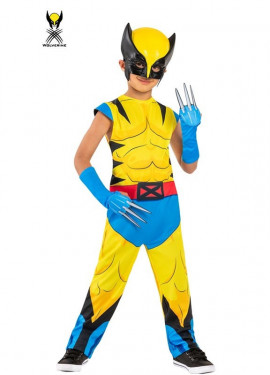 Yellow and blue X-Men Wolverine costume with gloves for kids