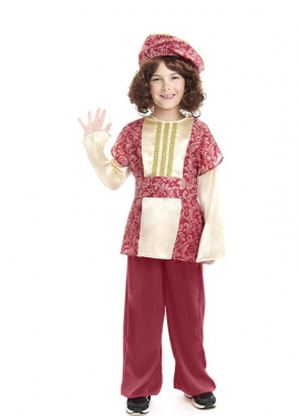 Red King Gaspar Page Costume with Hat for Boys