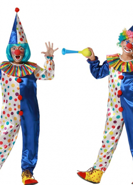 Blue clown costume with colorful polka dots for children