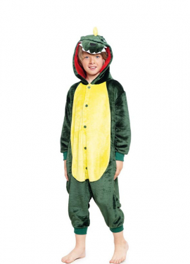 Fato de pijama de dinossauro verde e amarelo com capuz para menino