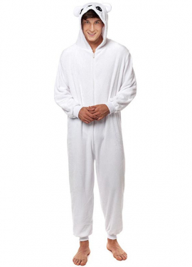 Fato de pijama de urso branco com orelhas para homem