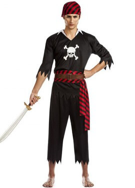 Fato de pirata caveira preta para homem