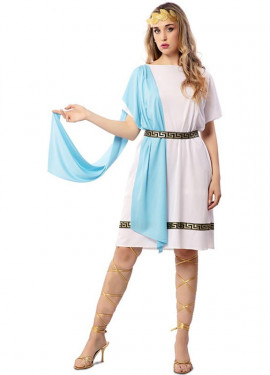 Blue and white Roman costume with headdress for women