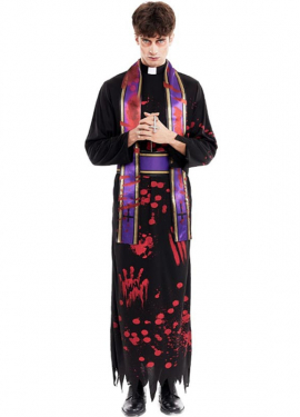 Black Bloody Priest Costume with Stole for Men