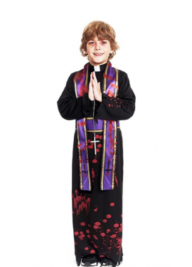 Black Bloody Priest Costume with Stole for Boys