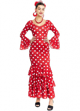 Red Sevillana costume with white polka dots for women