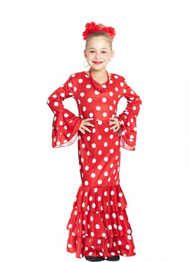 Red Sevillana costume with white polka dots for girl