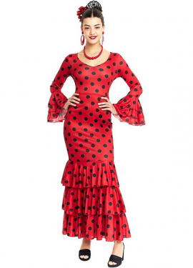 Red Sevillana costume with black polka dots for women