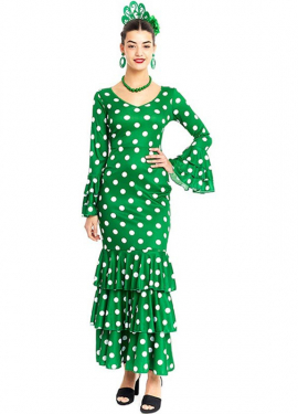 Green Sevillana costume with white polka dots for women