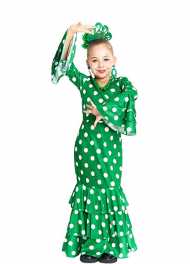 Green Sevillana costume with white polka dots for girls