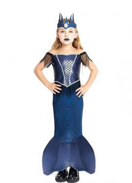 Blue Evil Mermaid Costume with Crown for Girls and Teens