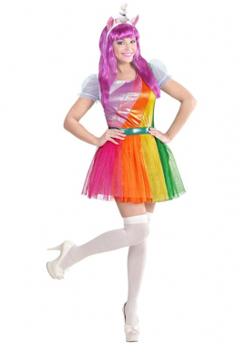 Déguisement Licorne multicolore avec bandeau femme