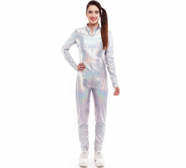 Holographic front closure metallic costume or jumpsuit for women