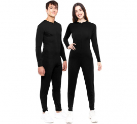 Black costume or jumpsuit with front closure for adults