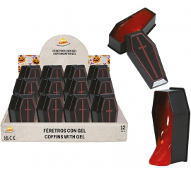 Exposição de 12 Caixões com Sangue em Slime Gel Imitação 7x3 cm Exposição de 12 Caixões com Sangue em Slime Gel Imitação 7x3 cm