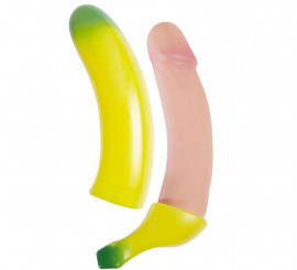 Gefälschte Banane mit Penis, der Flüssigkeit verspritzt