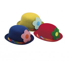 Clown bowler hat with flower in three assorted colors