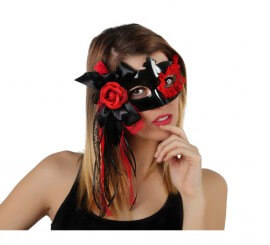 Schwarze venezianische PVC-Maske mit Blume und Schleifen