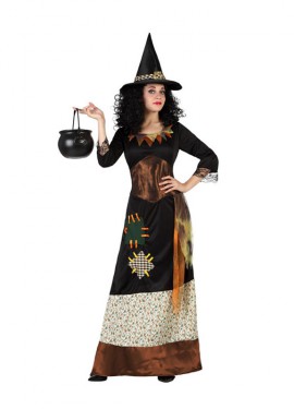 Disfraz de Bruja negra con parches para mujer Disfraz de Bruja negra con parches para mujer