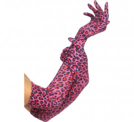 Long Pink Leopard Gloves of 52 cm