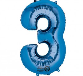 Blue metallic balloon number 3, 86 cm high