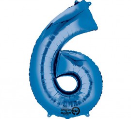 Blue metallic balloon number 6, 86 cm high