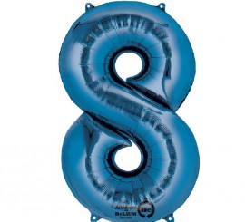 Blue metallic balloon number 8, 86 cm high