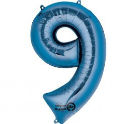 Blue metallic balloon number 9, 86 cm high