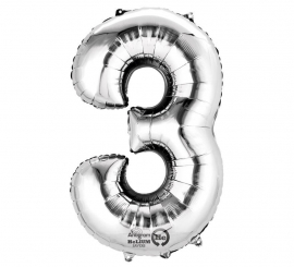 Silver metallic balloon number 3, 86 cm high