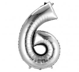 Silver metallic balloon number 6, 86 cm high