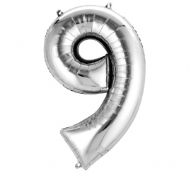 Silver metallic balloon number 9, 86 cm high