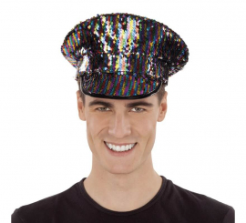 Black Police Cap with Rainbow Sequins