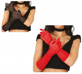 Mesh gloves with rhinestones in various colors, 30 cm, adult