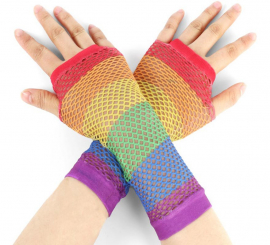 Rainbow Long Fishnet Fingerless Gloves