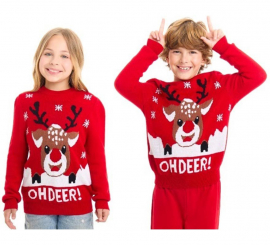 Oh Deer Red Reindeer Christmas Jumper for Kids