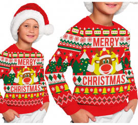 Red Merry Christmas Reindeer Christmas Sweater for Kids