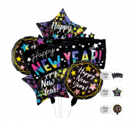 Kit of 5 Happy New Year Black Foil Balloons