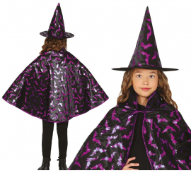 Black and purple witch kit for children: cape and hat