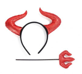 Bright Red Demon Kit: Headband with Horns and Trident