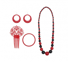 Kit Flamenco rouge et noir : Collier, Boucles d'oreilles, Bracelet et Peigne