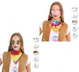 Kit Hippie Adulto: Óculos, Lenço e Colar em várias cores