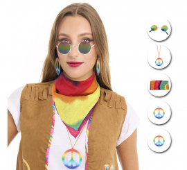 Kit de Hippie arcoíris adulto: Gafas, Pendientes, Pañuelo y Collar