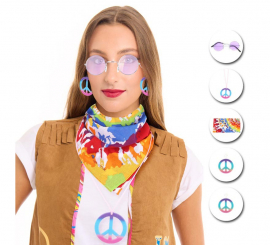 Kit de Hippie lila adulto: Gafas, Pendientes, Pañuelo y Collar