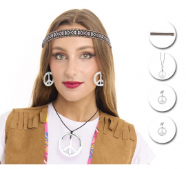 Kit de Hippie plateado adulto: Collar, Pendientes y Cinta