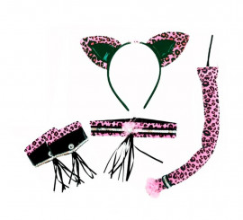 Adult black and fuchsia leopard kit: Headband, Necklace, Wristbands and Tail